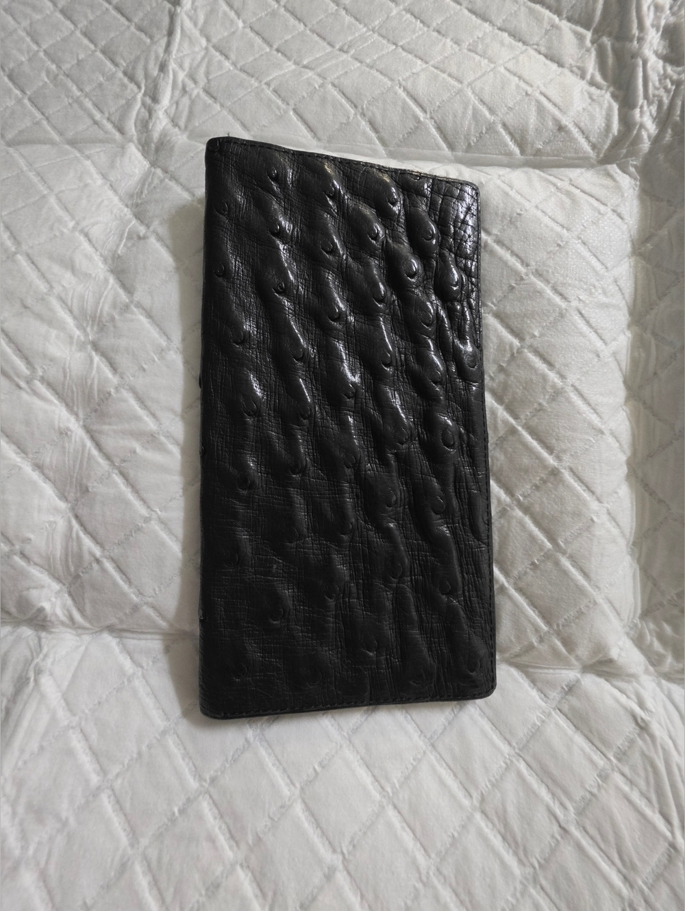 Black Textured Ostrich-Style Leather Long Wallet